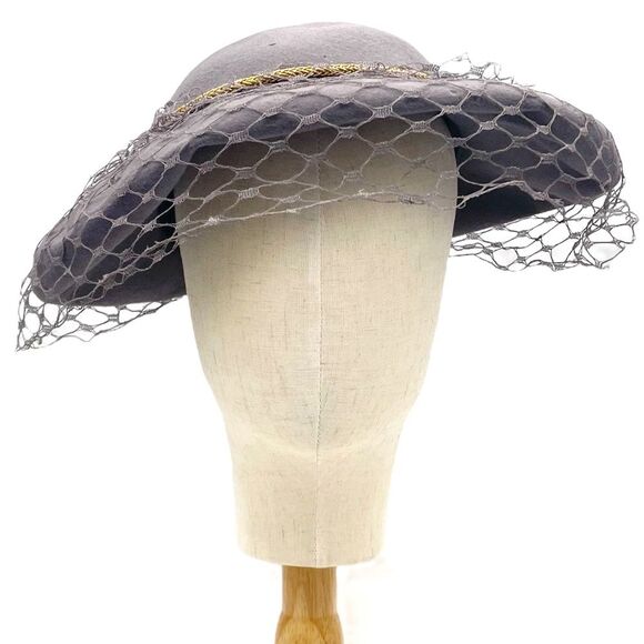 Vintage 1940s New York Creation Mushroom Veil Hat Gray Felted Wool Gold Trim - Picture 16 of 16